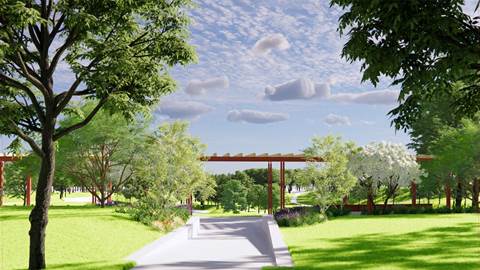 Illustration av ingången till en park med träd, grönt gräs och utsikt mot en blå himmel